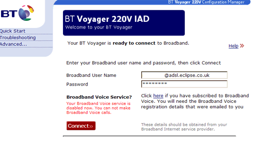 BT Voyager 220v Login Screen
